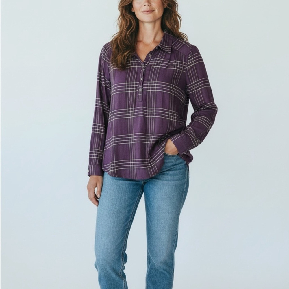 Christopher & Banks Plaid Purple quarter button pullover back buttons medium